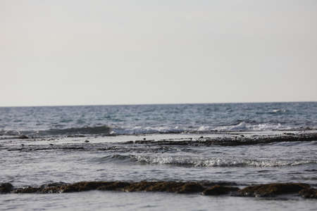 View along shoreline showing slab shelves of lava sand rock and pools of seawater. The sky is blue as tidal waves break on submerged rocks in background.の写真素材