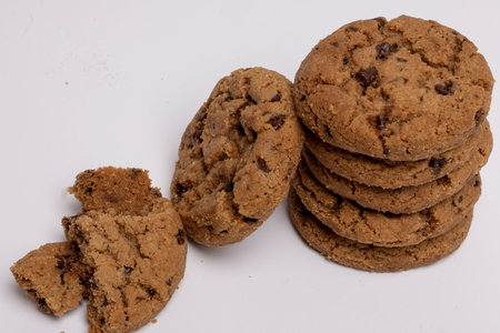 Chocolate chip cookies isolated on white background, Homemad cookies close up.の写真素材
