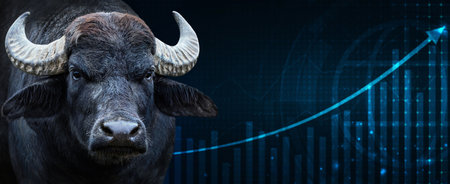 Abstract financial chart with uptrend line graph arrow and portrait of a bull in stock market on...