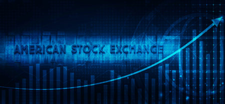 Concept of American stock exchange AMEX with abstract financial chart with uptrend line graph arrow on blue color background.の写真素材