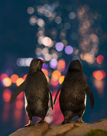 Close up of Rockhopper penguins watching city lights.の写真素材