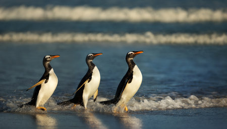 Close up of a Gentoo penguins emerging from water in the Falkland Islands.の写真素材