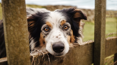 Collie dog looking through a wooden fence in a farmの素材