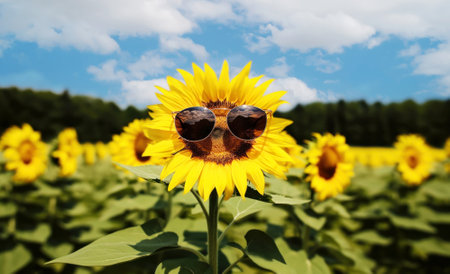 Close up of a sunflower with sunglasses on a hot sunny summer dayの素材