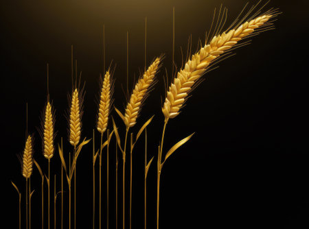 Close up of golden wheat plants against black backgroundの素材