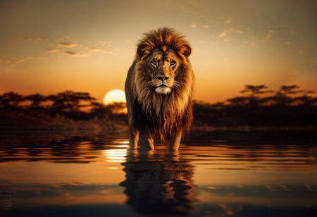 Close-up of a lion standing in water at sunsetの素材