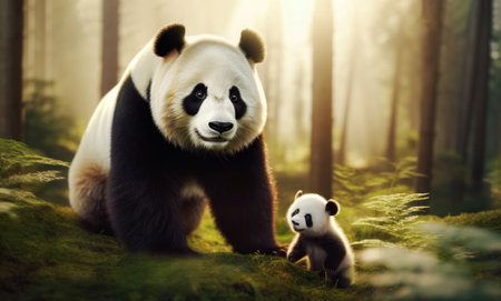 Close-up of a Giant panda mother and her cub in a forestの素材