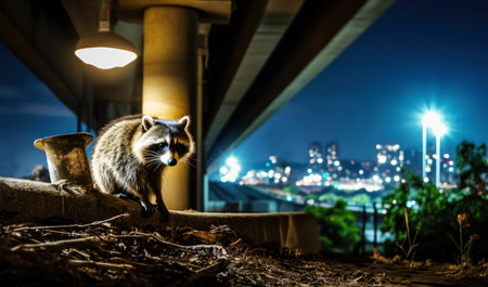 Close up of a raccoon at night in a cityの素材