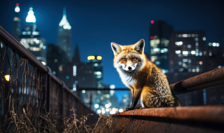 Close up of an urban red fox in a city at nightの素材