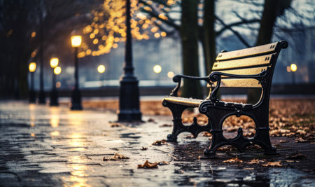 Close-up a wooden bench in the evening. Concept of loneliness and heartache.の素材