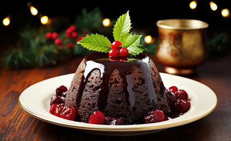 Close-up of a Christmas pudding on a plate.の素材