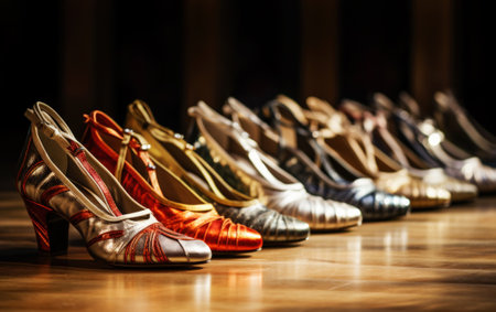 Variety of dance shoes on a floor.の素材