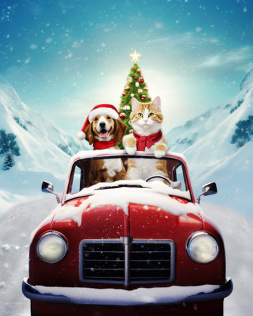 Happy dog and cat in a car at Christmas.の素材