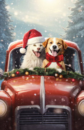 Happy dogs in a car at Christmas.の素材