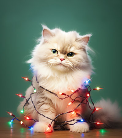 Cute fluffy kitten tangled in Christmas lights around the body.の素材