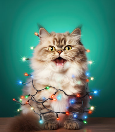 Cute fluffy kitten tangled in Christmas lights.の素材