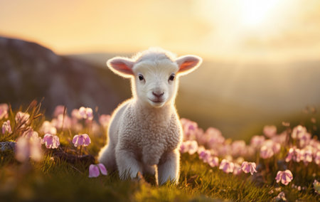 Portrait of a cute little lamb in a meadow.の素材