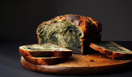 Moldy bread on a wooden board.の素材