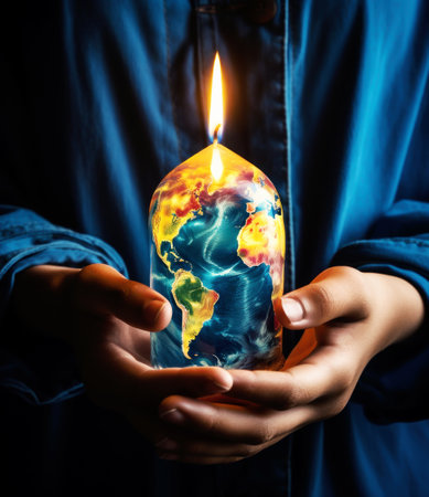Hands holding burning earth candle. Global warming concept.の素材