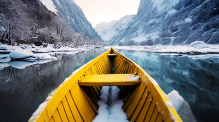 Yellow wooden rowing boat on a calm lake in winter landscape.の素材
