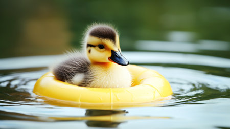 Cute little duckling floating in water with yellow lifebuoy.の素材