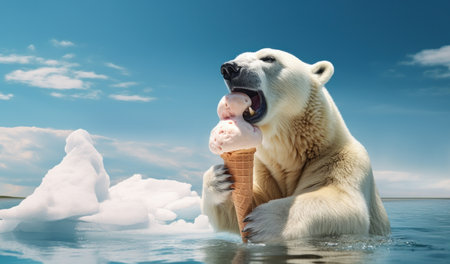 Polar bear eating ice cream in water. Global warming concept.の素材
