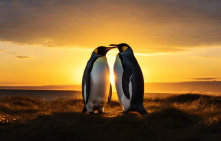Close up of two King penguins standing in the field at sunset.の素材
