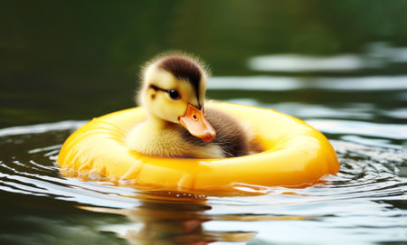 Cute little duckling floating in water with yellow lifebuoy.の素材