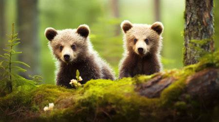 Close-up of cute brown bear cubs in the forest.の素材