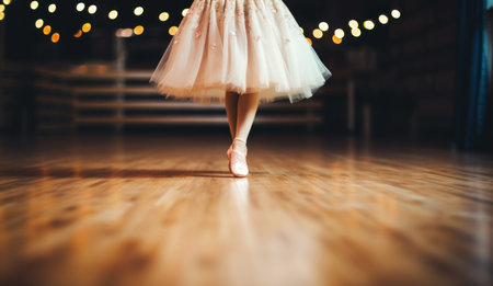 Close-up of ballerina feet on a dance floor.の素材