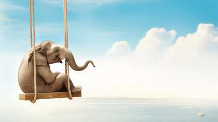 Elephant sitting on a swing above water. Concept of freedom and happiness.の素材