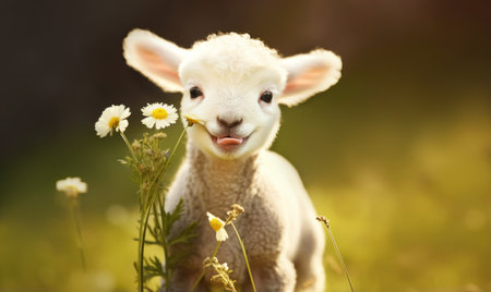 Portrait of a cute little lamb in a meadow.の素材