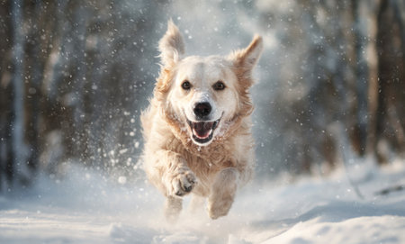Portrait of a happy dog running in snow in winter.の素材