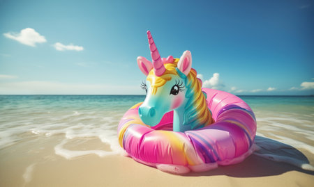 Close up of Unicorn inflatable ring on a beach.の素材