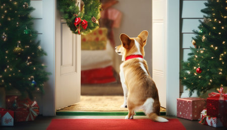 Puppy dog standing at the door at Christmas.の素材