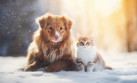 Portrait of a dog and cat sitting in snow in winter.の素材