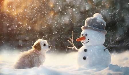 Cute little dog looking at happy snowman in winter.の素材