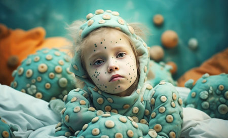 Young toddler boy sick with chickenpox, Varicella virus.の素材