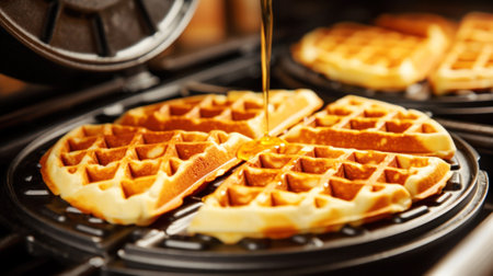 Close up of waffles baked on waffle maker iron machine.の素材