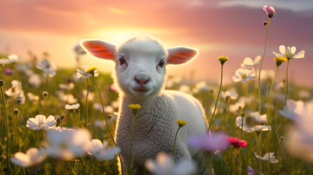 Portrait of a cute little lamb in a meadow at sunrise.の素材