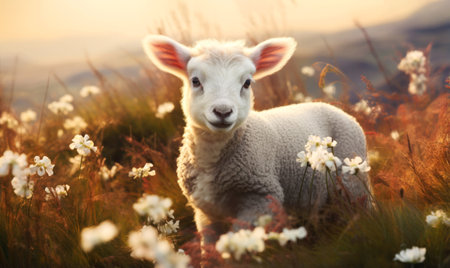 Portrait of a cute little lamb in a meadow at sunrise.の素材
