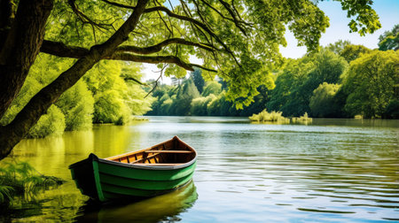 Wooden rowing boat on a calm lake.の素材