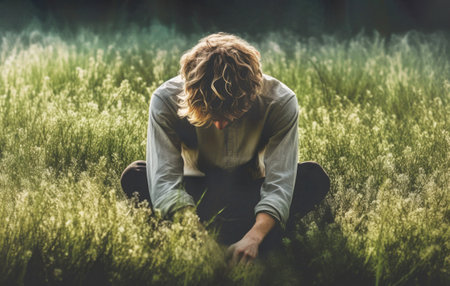 Portrait of a young depressed man sitting on grass.の素材