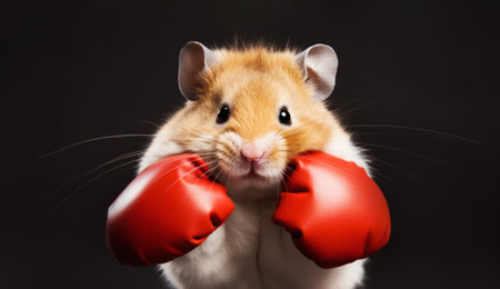 Portrait of a hamster with red boxing gloves.の素材