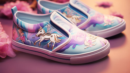 Close up of colourful girls shoes with unicorn.の素材