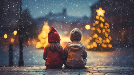 Close up of a girl and boy sitting together and looking at Christmas lights.の素材