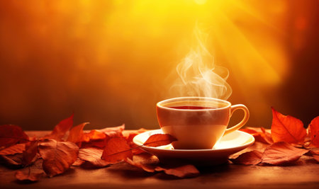 Morning cup of coffee with autumn leaves on a table and golden light in a background.の素材