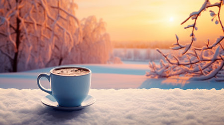 Morning cup of coffee in winter landscape.の素材