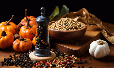 Close up of pepper corn seeds, pepper grinder, pumpkins, garlic, red chilli on a kitchen table.の素材