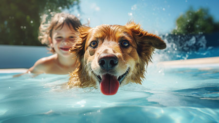 Happy child with his pet dog in a swimming pool.の素材